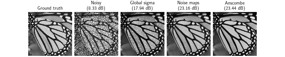 Ground truth, Noisy (8.33 dB), Global sigma (17.94 dB), Noise maps (23.16 dB), Anscombe (23.44 dB)