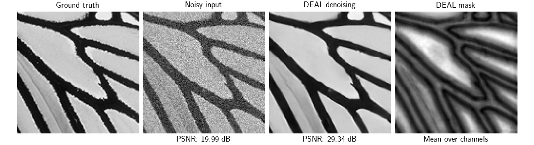 Ground truth, Noisy input, DEAL denoising, DEAL mask