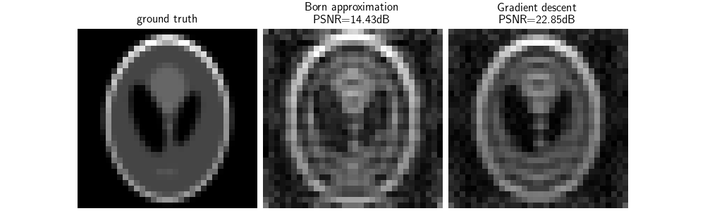 ground truth, Born approximation PSNR=14.43dB, Gradient descent PSNR=22.85dB